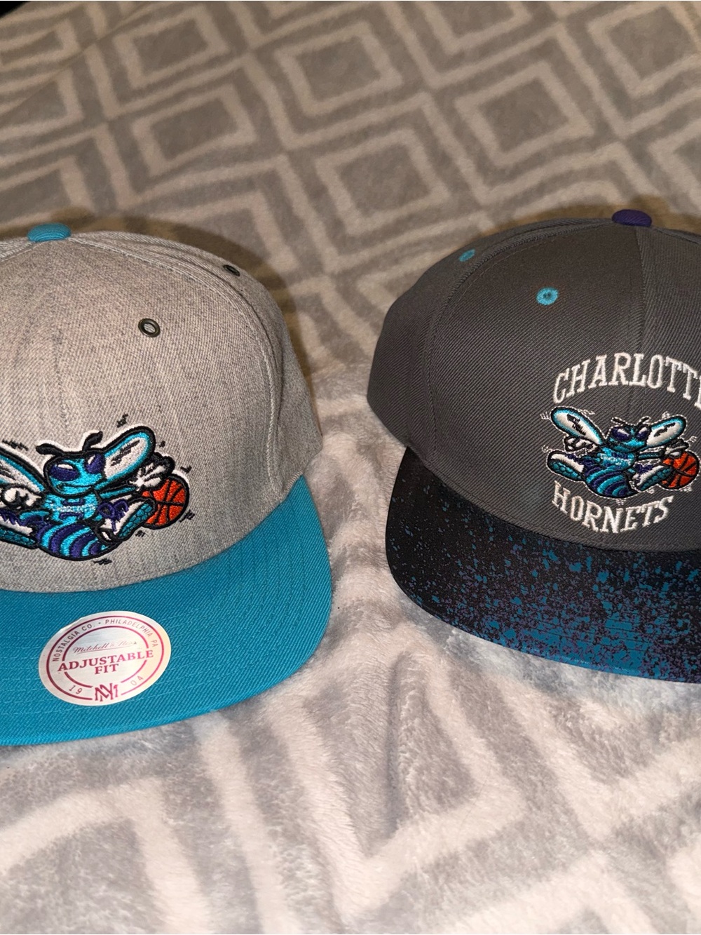 Mitchell & Ness Charlotte Hornets Gray and Teal Snapback Hats (Pair)
